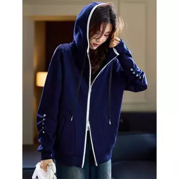 Повседневная куртка с капюшоном контрастного цвета, женская осенняя европейская продукция, свободный топ в иностранном стиле 2024 года, новая женская одежда больших размеров M темно-синий