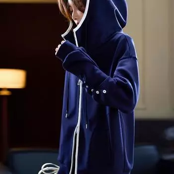 Повседневная куртка с капюшоном контрастного цвета, женская осенняя свободная верхняя часть, новый большой размер, женская одежда M темно-синий