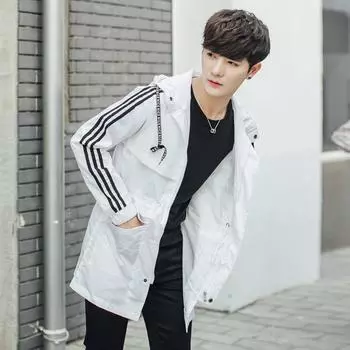 Повседневная куртка весна-осень повседневная длинная пара с капюшоном ветровка с капюшоном однотонная с длинным рукавом обычная S белый