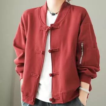 Повседневная куртка в китайском стиле с пряжкой в стиле ретро для женщин, художественная короткая свободная бейсбольная куртка большого размера, кардиган XXXL чёрный