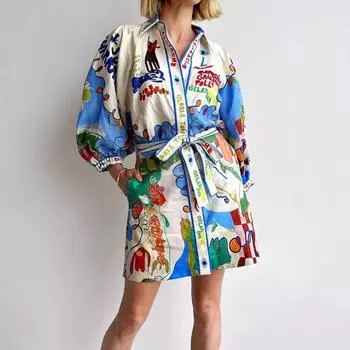 Повседневная льняная рубашка с принтом, кардиган, платье на шнуровке, женщина S