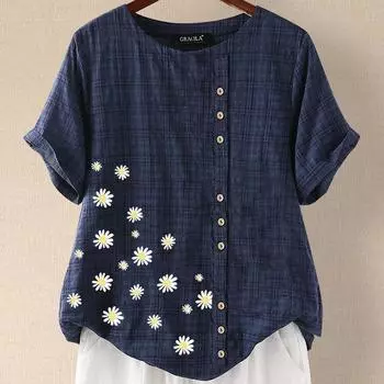 Повседневная летняя хлопковая льняная блузка женская винтажная рубашка с коротким рукавом и пуговицами с цветочным принтом S темно-синий