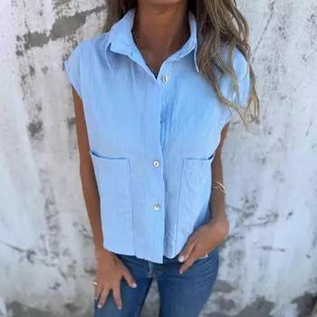 Повседневная летняя свободная рубашка с короткими рукавами и карманом на пуговицах из хлопка и льна для женщин, блузки и рубашки S абрикосовый
