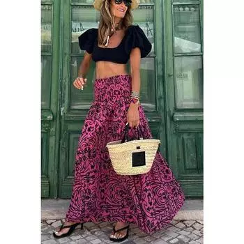Повседневная летняя юбка с цветочным принтом, модные новые винтажные женские элегантные свободные юбки трапециевидной формы с высокой талией, женские пляжные женские длинные юбки, женская одежда 24351 S розовый