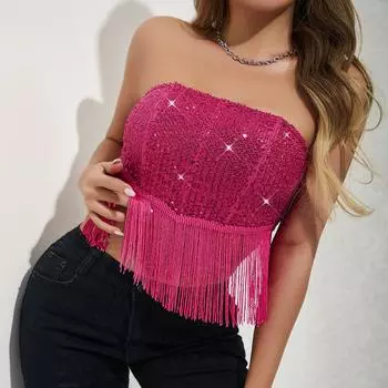 Повседневная майка без бретелек из бисера с открытыми плечами, укороченные топы с рыбьими косточками, женские летние топы с обертыванием груди, модные укороченные женские топы с бантом и кисточками S розы красного