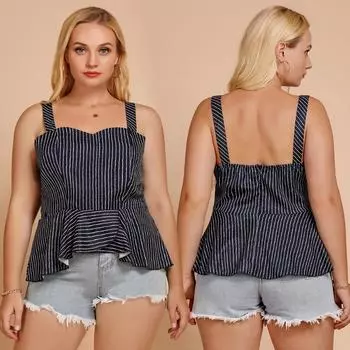 Повседневная майка на тонких бретельках Женская шикарная полосатая майка в стиле пэчворк Укороченный топ больших размеров Свободный укороченный топ Пригородный укороченный топ на выход Y2K Узкие рубашки XL темно-синий