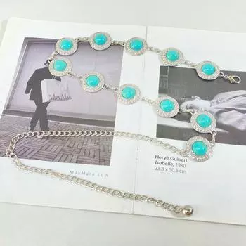 Повседневная металлическая поясная цепочка в стиле Сяосянфэн, аксессуары, женский ремень бирюзового цвета для платья серебряный