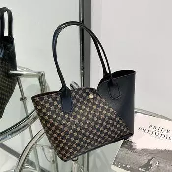 Повседневная мини-сумочка с ретро-принтом, персонализированная ручная сшивка, контрастный цвет, женская сумка-тоут, наплечная сумка-портфель чёрный