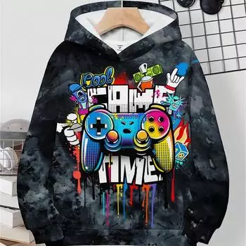 Повседневная минималистичная толстовка с капюшоном с рисунком игровой консоли для мальчиков, подходит для игрового дня осенью/зимой 100