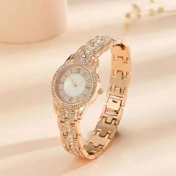 Повседневная мода, инкрустированные бриллиантами женские часы, циферблат из стразов, полный римских элегантных часов золотой