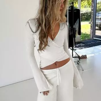 Повседневная мода комплект брюк с завязками на высокой талии, расклешенные рукава, V-образный вырез, перекрученные топы, плюшевые свободные брюки, костюм S