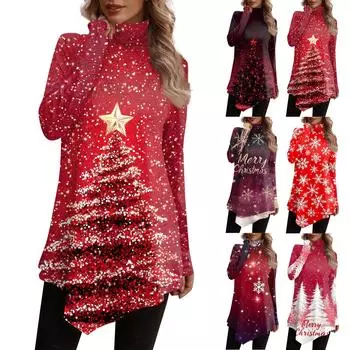 Повседневная мода Рождественский принт Рубашка Топы Высокий ворот Неровный подол Длинный рукав Пуловер Топы L