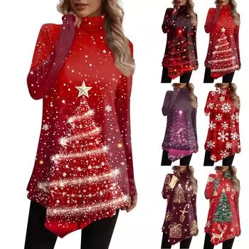 Повседневная мода Рождественский принт Рубашка Топы Высокий ворот Неровный подол Длинный рукав Пуловер Топы M винный