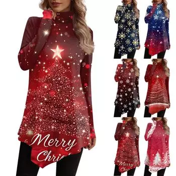 Повседневная мода Рождественский принт Рубашка Топы Высокий ворот Неровный подол Длинный рукав Пуловер Топы L темно-синий