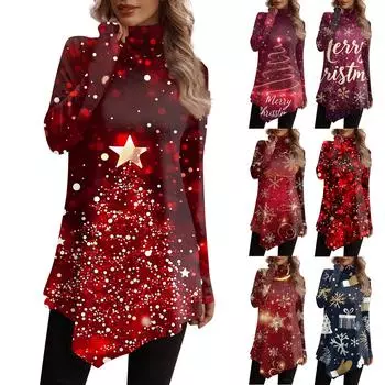 Повседневная мода Рождественский принт Рубашка Топы Высокий ворот Неровный подол Длинный рукав Пуловер Топы XXXL