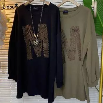 Повседневная мода с длинным рукавом и буквенным принтом, весенняя женская одежда, свободные универсальные свитера с круглым вырезом, топы L чёрный