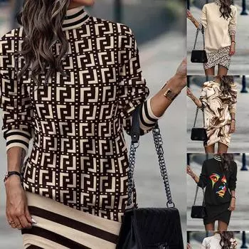 Повседневная мода женское повседневное короткое платье с высоким воротником и длинными рукавами асимметричное мини-платье с принтом осенне-зимний халат Femme XS