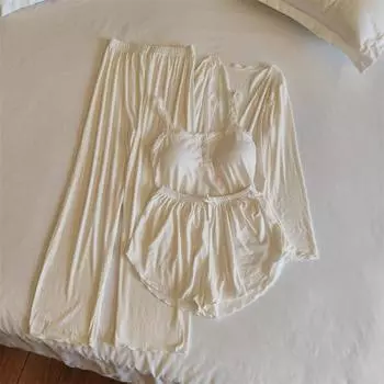 Повседневная модальная пижама комплект из четырех предметов женский слинг длинный рукав кардиган короткие брюки костюм свободный однотонный ночной костюм домашняя одежда M белый