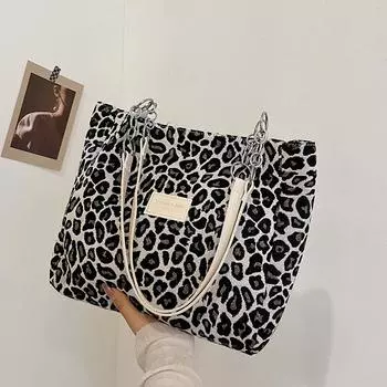 Повседневная модная холщовая женская сумка 2024 года, новая корейская версия, ручная сумка большой вместимости с леопардовым принтом, сумка через плечо белый
