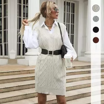 Повседневная модная и элегантная осенне-зимняя длинная однотонная майка с V-образным вырезом, трикотажное платье-свитер для женщин S абрикосовый