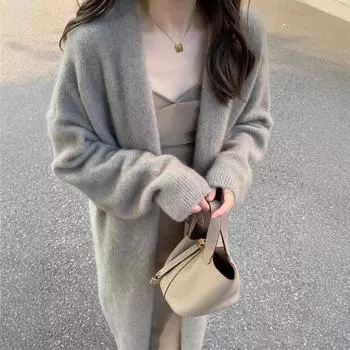 Повседневная модная нежная длинная кофта свободного ленивого кроя многоцветная осенне-зимняя женская кофта-жакет до колена вязаная 49-71 (average size) хаки