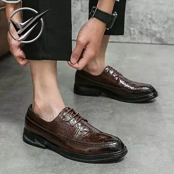 Повседневная модная обувь. Молодежная кожаная обувь. Кожаные туфли на шнуровке с крокодиловым узором. Весенняя парикмахерская модная обувь. 38 чёрный