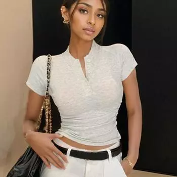 Повседневная модная простая футболка женская летняя приталенная футболка с коротким рукавом топы с пуговицами вокруг шеи однотонная женская офисная укороченная футболка 24375 S белый