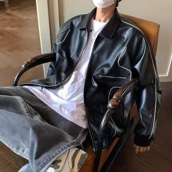 Повседневная модная японская мужская кожаная куртка, универсальная, популярная, на молнии, модная, с лацканами, осенняя кожаная куртка M