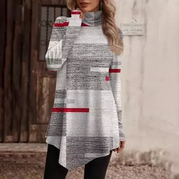 Повседневная модная рубашка с цветочным принтом, топы с высоким воротом, пуловеры с длинными рукавами и нерегулярным подолом XXXL