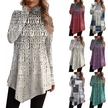 Повседневная модная рубашка с цветочным принтом, топы с высоким воротом, пуловеры с длинными рукавами и нерегулярным подолом XXL бежевый