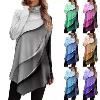 Повседневная модная рубашка с принтом, топы с высоким воротом и нерегулярным подолом, пуловеры с длинными рукавами M зелёный