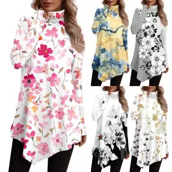 Повседневная модная рубашка с принтом, топы с высоким воротом и нерегулярным подолом, пуловеры с длинными рукавами L