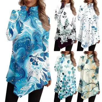 Повседневная модная рубашка с принтом, топы с высоким воротом и нерегулярным подолом, пуловеры с длинными рукавами S