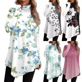 Повседневная модная рубашка с принтом, топы с высоким воротом и нерегулярным подолом, пуловеры с длинными рукавами L