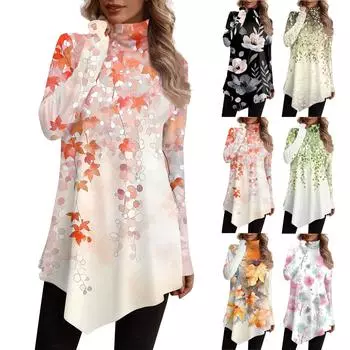 Повседневная модная рубашка с принтом, топы с высоким воротом и нерегулярным подолом, пуловеры с длинными рукавами L армия зеленый