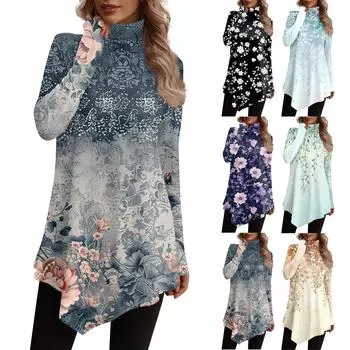 Повседневная модная рубашка с принтом, топы с высоким воротом и нерегулярным подолом, пуловеры с длинными рукавами L чёрный