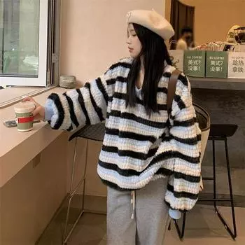 Повседневная модная винтажная зимняя флисовая толстая толстовка с v-образным вырезом, свободная корейская мягкая толстовка, шикарный топ S