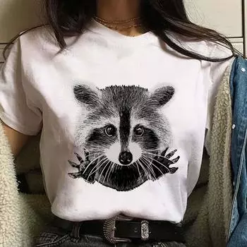 Повседневная модная высококачественная женская футболка, летняя свободная удобная круглая горловина с коротким рукавом и принтом енота из мультфильма, белая футболка S