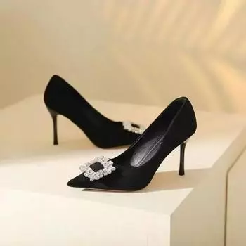 Повседневная модная женская обувь универсальные женские туфли на шпильках квадратные со стразами удобные высокие каблуки для женщин zapatos mujer 34 чёрный