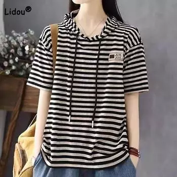 Повседневная модная женская полосатая футболка с капюшоном с принтом, новые летние винтажные пуловеры с короткими рукавами, топы, женская одежда L чёрный