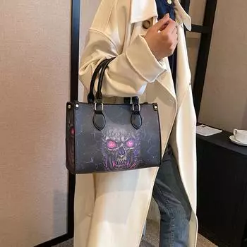Повседневная модная женская сумка из искусственной кожи с принтом свирепого черепа, большая вместимость, съемный плечевой ремень, сумка для фестивалей и вечеринок