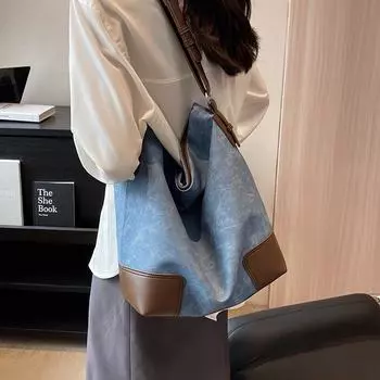 Повседневная мягкая кожаная большая вместительная женская сумка модная дорожная универсальная сумка-ведро на одно плечо в стиле пэчворк (30cm<Max Length<50cm)