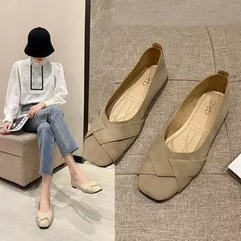 Повседневная мягкая кожаная мягкая подошва, удобная женская обувь 2024 года, новая мода, простые универсальные туфли с неглубоким носком, весна 35 бежевый