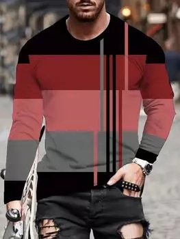 Повседневная мужская футболка с длинным рукавом с контрастным узором с 3D цифровой печатью для весенне-осенней носки на открытом воздухе, удобное полиэфирное волокно S розовый