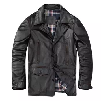 Китайский размер Повседневная мужская кожаная куртка Мягкая натуральная воловья кожа пальто Винтажная ветровка с окантовкой Мужская одежда Осень S черный кожаный жакет