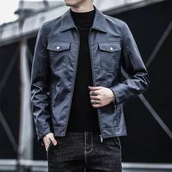 Повседневная мужская кожаная куртка с лацканами, деловая кожаная куртка на молнии, мужская куртка из искусственной кожи M