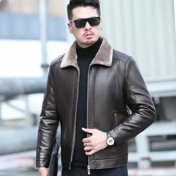 Повседневная мужская кожаная куртка с меховым покрытием для людей среднего и пожилого возраста, флисовая утолщенная овчинная куртка, зимняя M