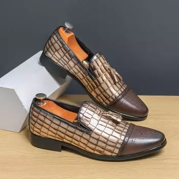 Повседневная мужская кожаная обувь в стиле панк, новые трендовые формальные мужские мокасины, дышащие туфли-лодочки без застежек, обувь-броги 38 коричневый