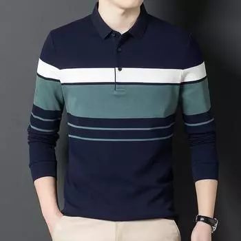 Повседневная мужская одежда для молодежи и среднего возраста, бесплатная глажка, футболка с длинными рукавами, полосатая рубашка-поло, модный полосатый топ, осенняя футболка с лацканами M