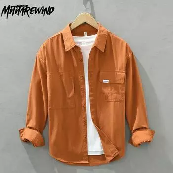 Повседневная мужская рубашка-карго с длинным рукавом и двумя карманами на весну/осень, оранжевая рубашка из чистого хлопка, молодежная популярная свободная рубашка в японском стиле M чёрный